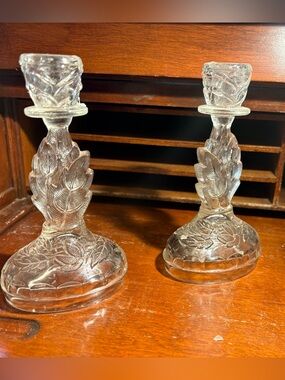 Clear Glass Leaf Pattern Candle Holders - Pair